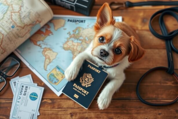 Kiskutya állatútlevéllel utazás előtt, térképpel és jegyekkel.