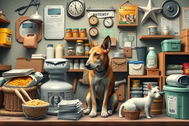 Állatok gondozásához szükséges eszközök és állatok egy raktárban.