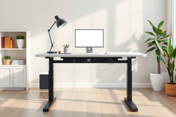 Modern állítható magasságú íróasztal irodai berendezéssel