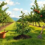 Almafák sorai egy napfényes kertben, ültetési eszközökkel.