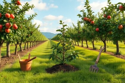 Almafák sorai egy napfényes kertben, ültetési eszközökkel.