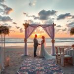 Egy fiatal pár esküvője a tengerparton naplementében.