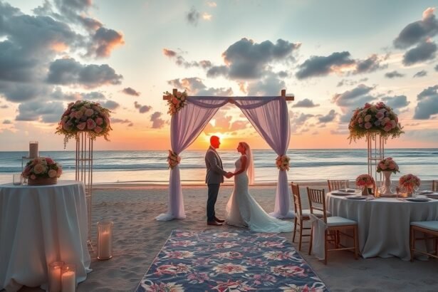 Egy fiatal pár esküvője a tengerparton naplementében.