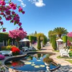 Gyönyörű álomkert virágokkal és pihenőhelyekkel.