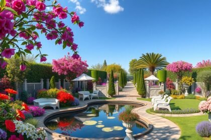 Gyönyörű álomkert virágokkal és pihenőhelyekkel.