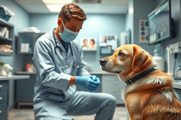 Állatorvos és kutya a klinikán, állatorvosi vizsgálat közben