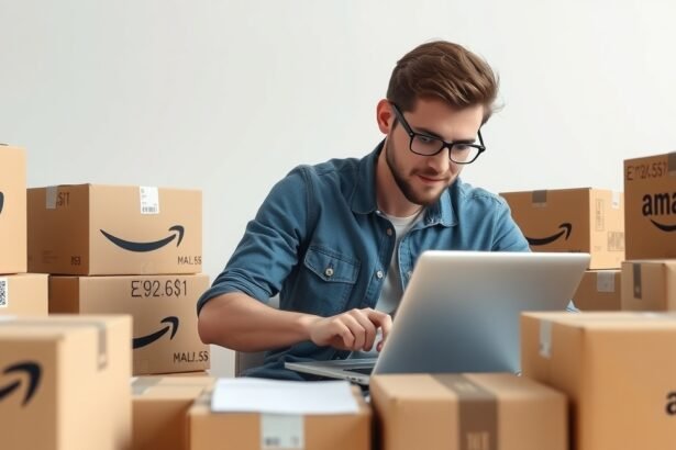 Férfi laptopon dolgozik Amazon dobozok között