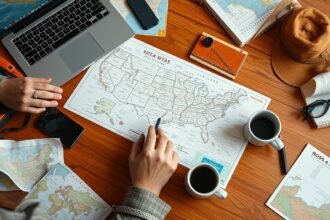 Utazás tervezése amerikai körutazásra térképpel és számítógéppel.