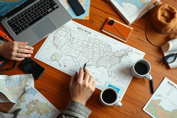 Utazás tervezése amerikai körutazásra térképpel és számítógéppel.