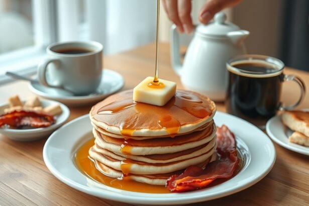 Amerikai palacsinta reggeli sziruppal és kávéval