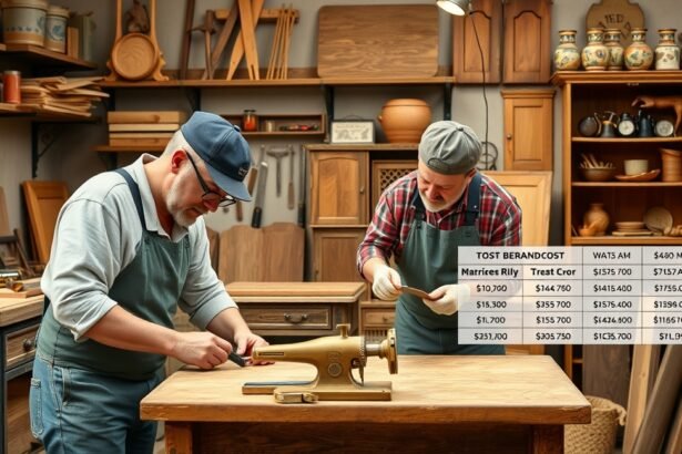 Két szakember antik bútor felújítását végzi egy műhelyben.