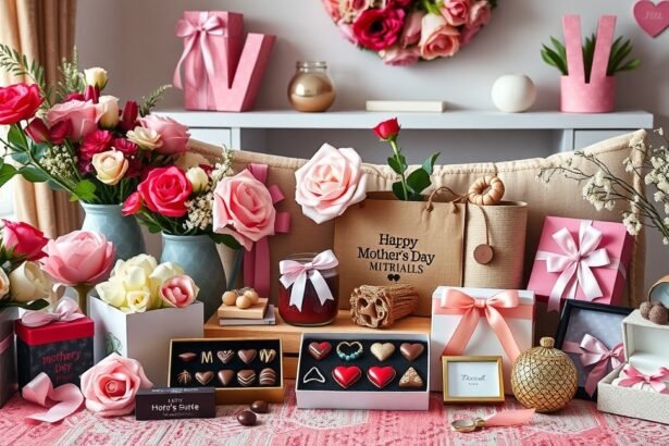 Anyák napi ajándékok virágokkal és édességekkel