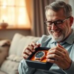 Boldog apa ajándékoz egy karórát apák napján.