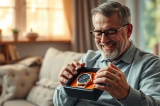 Boldog apa ajándékoz egy karórát apák napján.