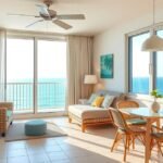 Modern apartman nappali tengeri kilátással nyáron