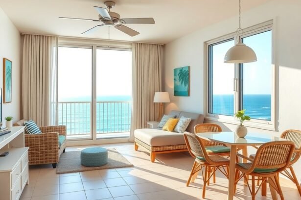 Modern apartman nappali tengeri kilátással nyáron