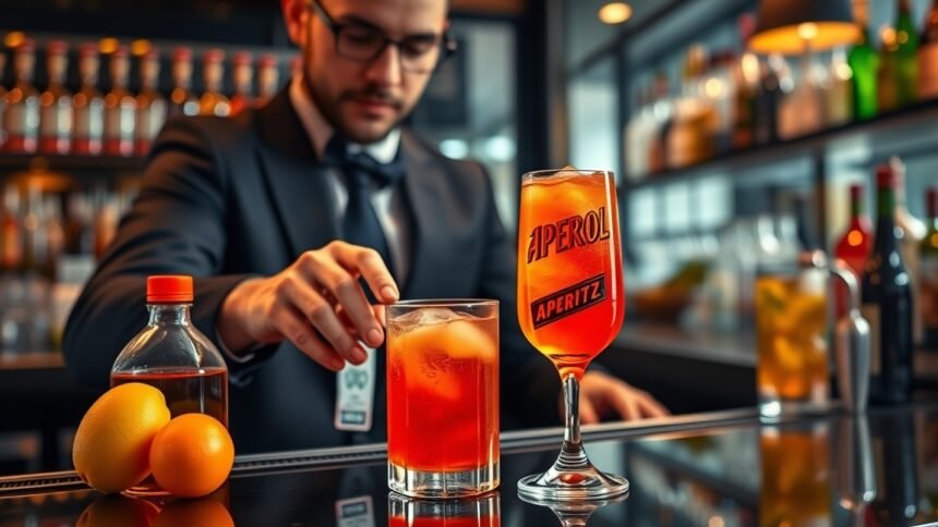 Aperol Spritz koktél készítése báros környezetben