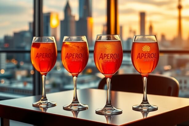 Négy Aperol Spritz ital pohár város háttérben naplementében