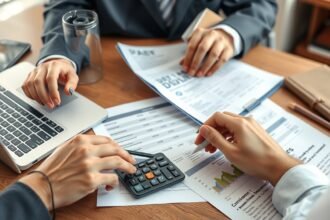 Két ember álláshirdetés költségeit számolja egy asztalnál.