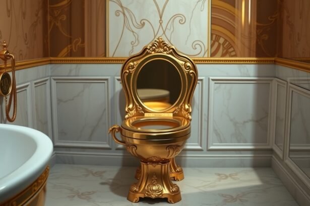 Luxus arany WC-csésze a fürdőszobában, elegáns designnal.