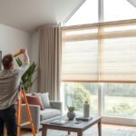 Férfi árnyékoló felszerelése rolóval a modern lakásban