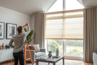 Férfi árnyékoló felszerelése rolóval a modern lakásban