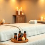 Aromaterápiás masszázs eszközei illóolajokkal és gyertyákkal.