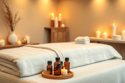 Aromaterápiás masszázs eszközei illóolajokkal és gyertyákkal.