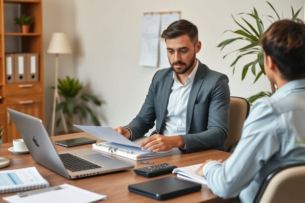 Két férfi állásinterjúra készül, papírokkal és laptop előtt ülnek.