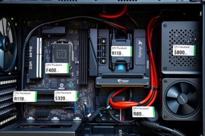 Asztali PC alkatrészek belső nézete összeszerelés közben.