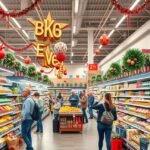 Szilveszteri bevásárlás ünnepi dekorációval egy boltban