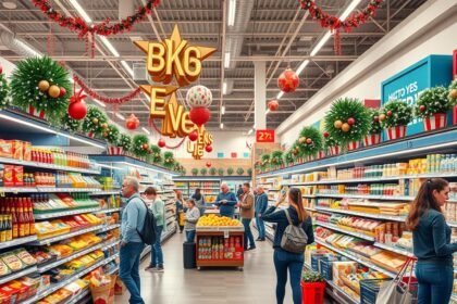 Szilveszteri bevásárlás ünnepi dekorációval egy boltban