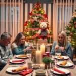 Család ünnepi karácsonyi vacsora asztalnál, dekorációval és fenyőfákkal.
