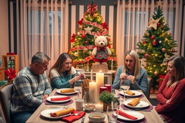 Család ünnepi karácsonyi vacsora asztalnál, dekorációval és fenyőfákkal.