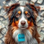 Ausztrál juhászkutya pénzes táblával, a háttérben dollárbankjegyek