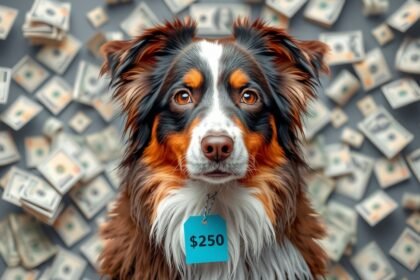 Ausztrál juhászkutya pénzes táblával, a háttérben dollárbankjegyek