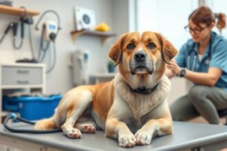 Egy kutya fizikoterápiás kezelésen egy állatorvosi rendelőben.