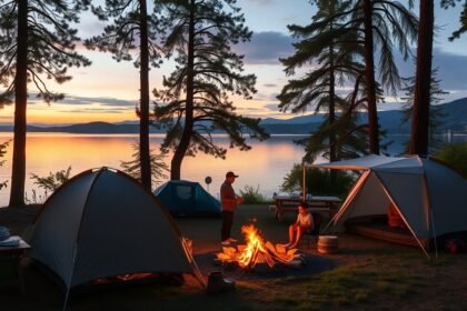 Balatoni kempingezés naplementében, tűzgyújtás és sátorozás.