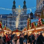 Bécsi karácsonyi vásár forgataga, ünnepi fényekben pompázó árusokkal.