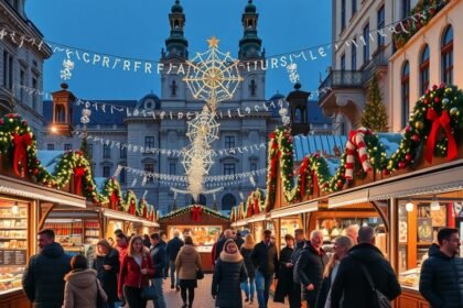 Bécsi karácsonyi vásár forgataga, ünnepi fényekben pompázó árusokkal.