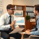 Két férfi tanácsadás során befektetési adatokkal