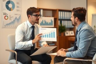 Két férfi tanácsadás során befektetési adatokkal