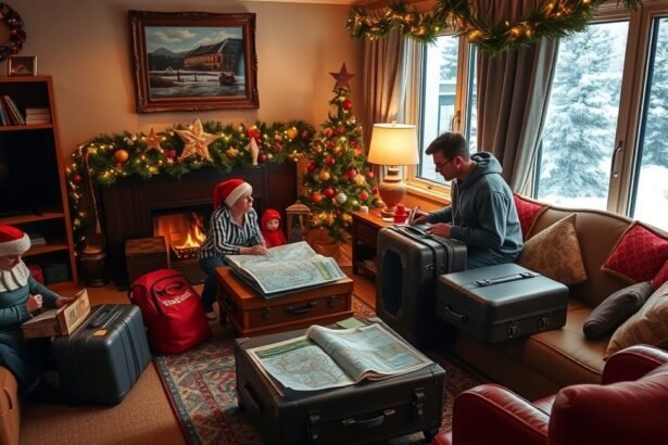 Család karácsonyi utazást tervez a kandalló mellett ülve.