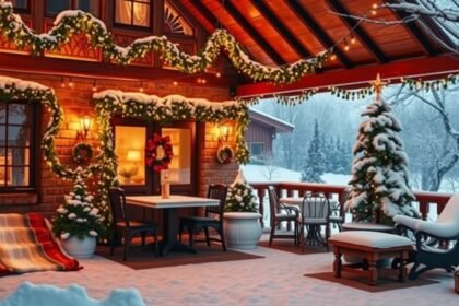 Téli belföldi szilveszteri szállás terasz ünnepi díszítéssel.