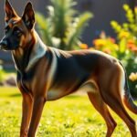 Egy belga juhászkutya, malinois a virágos kertben.