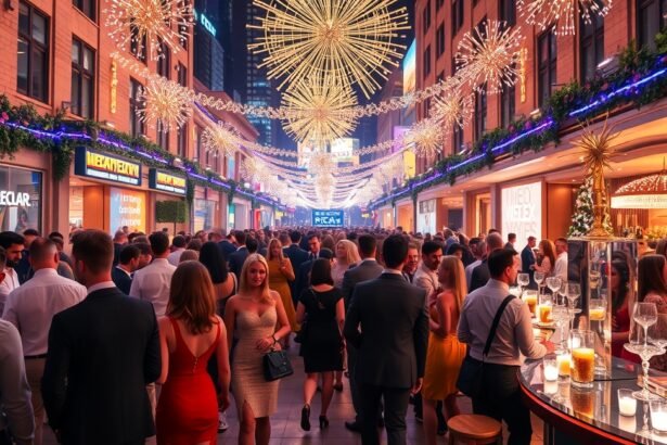 Belvárosi szilveszteri buli tömeg a díszkivilágítás alatt