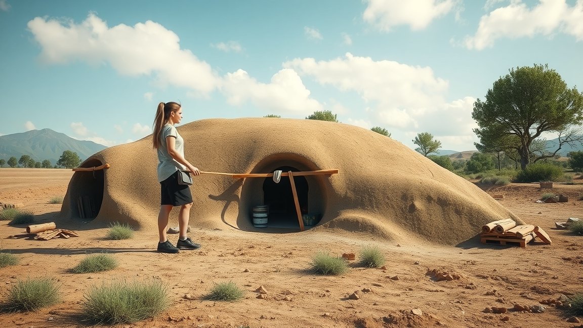 Földház építése egy nő segítségével.