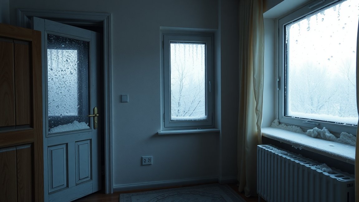 Fűtetlen lakás ablakai, jég és pára a fűtés hiánya miatt