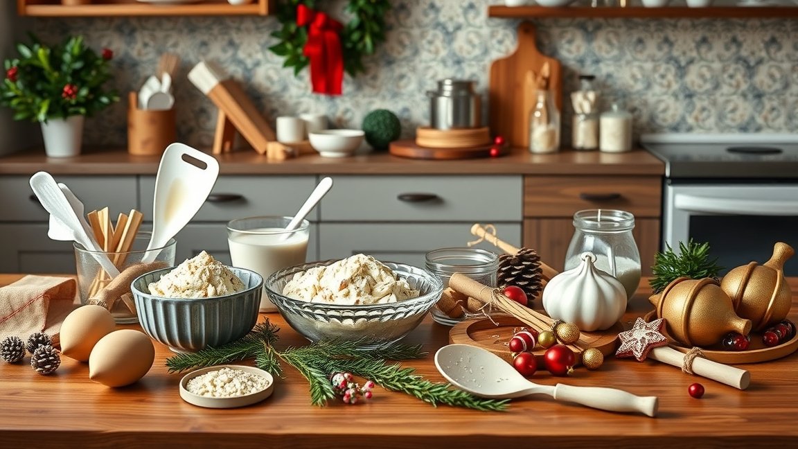Gluténmentes karácsonyi sütéshez szükséges alapanyagok és eszközök.