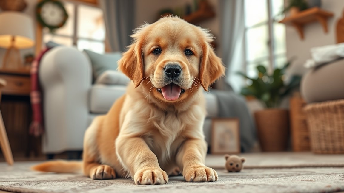 Golden retriever kiskutya otthoni környezetben